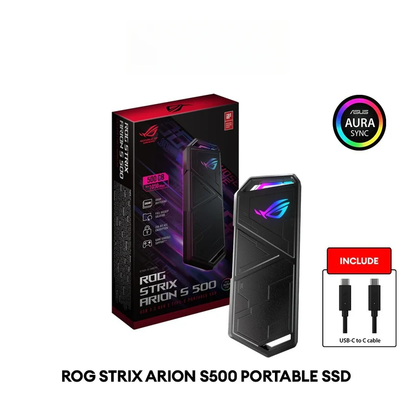 ASUS ROG Strix Arion S500 Portable SSD – USB-C 3.2 NVMe SSD Gen2 DRAM (500GB) Data Encryption and Aura Sync